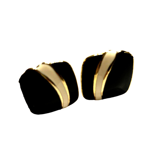 Vintage Clip On Earrings Square Goldtone Black & Cream Enamel Career Classic 80s - Picture 1 of 6